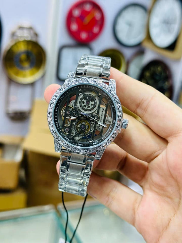 Luxury Skeleton Mechanical Watch – Gold & Silver, Transparent Dial