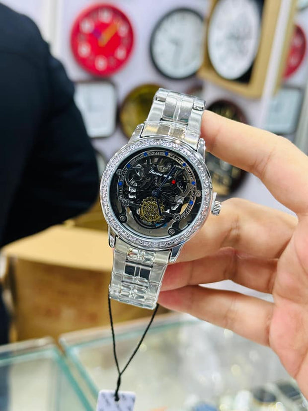 Luxury Skeleton Mechanical Watch – Gold & Silver, Transparent Dial