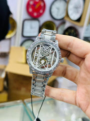 Luxury Skeleton Mechanical Watch – Gold & Silver, Transparent Dial