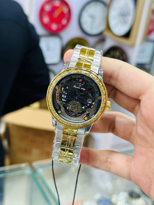 Luxury Skeleton Mechanical Watch – Gold & Silver, Transparent Dial