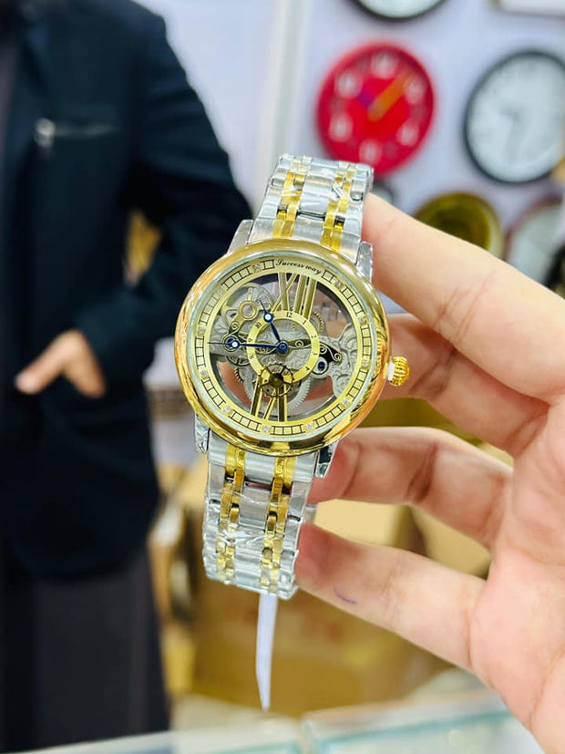 Luxury Skeleton Mechanical Watch – Gold & Silver, Transparent Dial