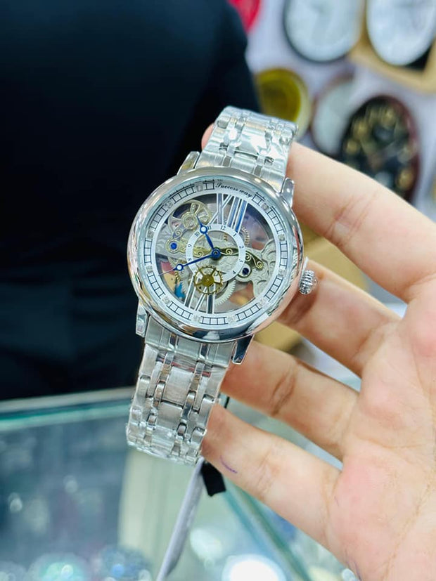 Luxury Skeleton Mechanical Watch – Gold & Silver, Transparent Dial