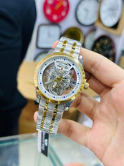 Luxury Skeleton Mechanical Watch – Gold & Silver, Transparent Dial