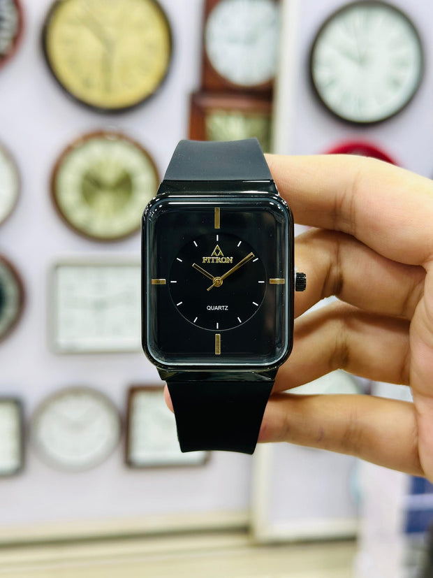 Fitron Black and Gold Watch | Elegant Men's Quartz Wristwatch | Luxury Square Dial | Fashion Accessory Gift for Him