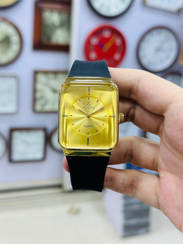 Fitron Black and Gold Watch | Elegant Men's Quartz Wristwatch | Luxury Square Dial | Fashion Accessory Gift for Him
