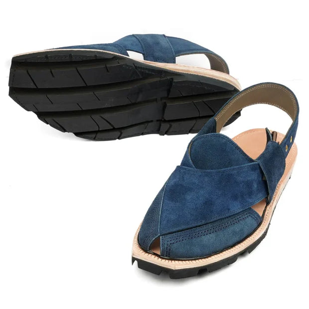 Hand Crafted Blue Suede Quetta Norozi Chappal with Double Sole – 092357