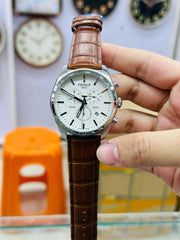 Men’s Classic Chronograph Leather Watch | Luxury Quartz Wristwatch with White Dial | Formal Analog Watch for Men