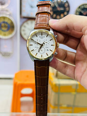 Men’s Classic Chronograph Leather Watch | Luxury Quartz Wristwatch with White Dial | Formal Analog Watch for Men