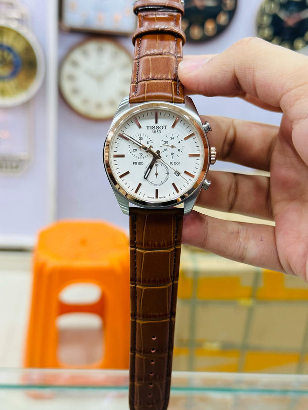 Men’s Classic Chronograph Leather Watch | Luxury Quartz Wristwatch with White Dial | Formal Analog Watch for Men