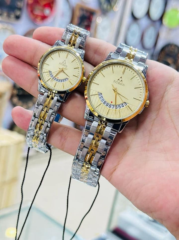 Elegant Fitron His and Her Couple Watches – Gold and Silver Stainless Steel