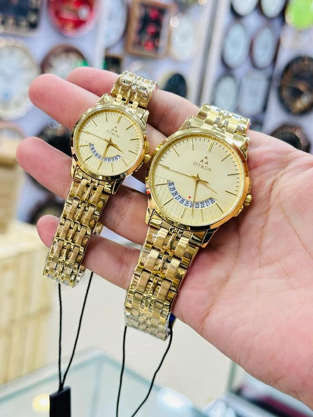 Elegant Fitron His and Her Couple Watches – Gold  Stainless Steel
