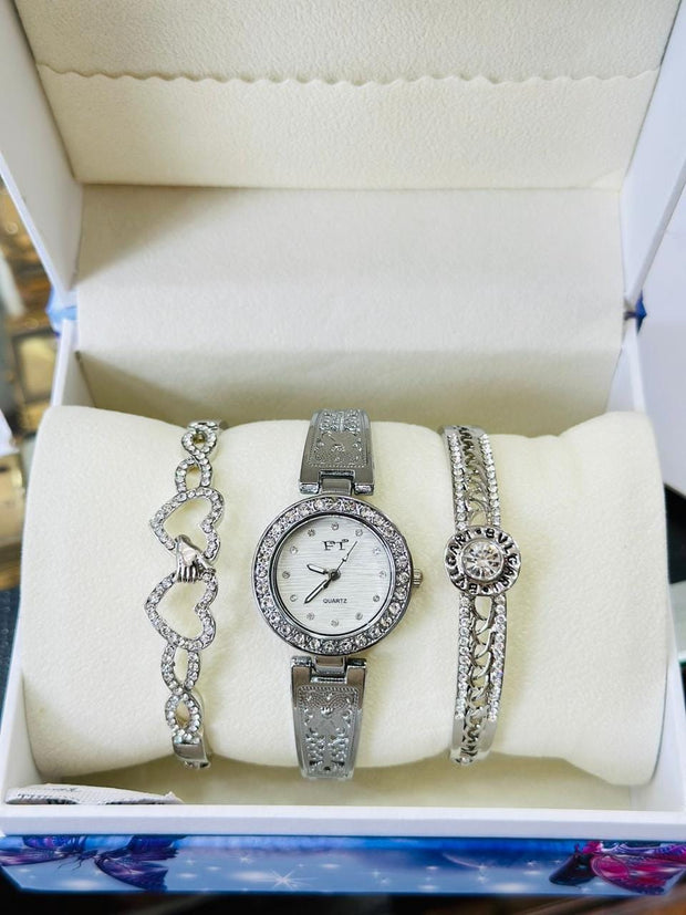 Elegant Women's silver-Tone Watch & Bracelet Set with Crystal Accents – 4-Piece Gift Box
