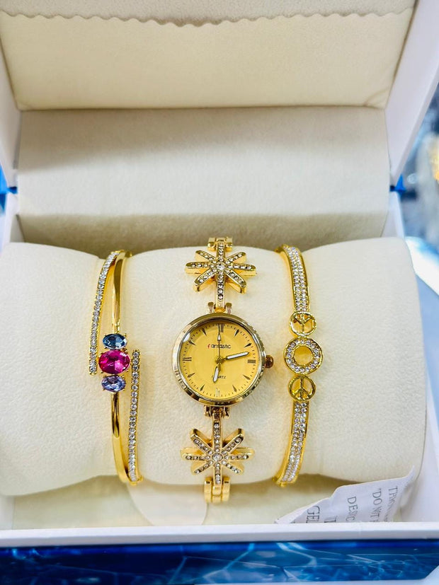 Elegant Women's Gold-Tone Watch & Bracelet Set with Crystal Accents – 4-Piece Gift Box