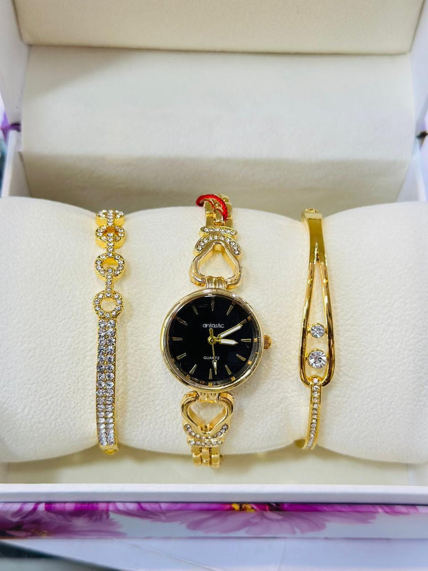 Elegant Women's Gold-Tone Watch & Bracelet Set with Crystal Accents – 4-Piece Gift Box