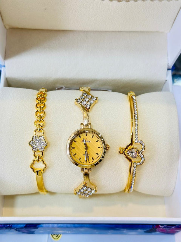 Elegant Women's Gold-Tone Watch & Bracelet Set with Crystal Accents – 4-Piece Gift Box