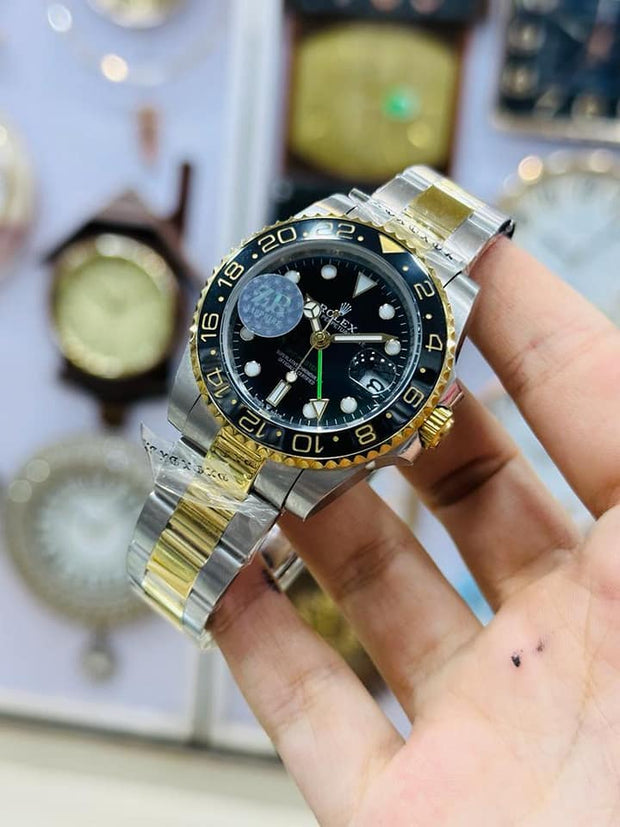 Luxury Two-Tone Automatic Watch with Black Dial and Diamond Hour Markers