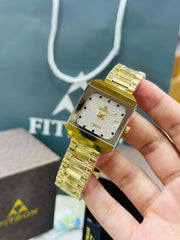 Luxury Gold-Tone Rectangular Men's Watch by Fitron – Diamond-Textured Dial with Date Display