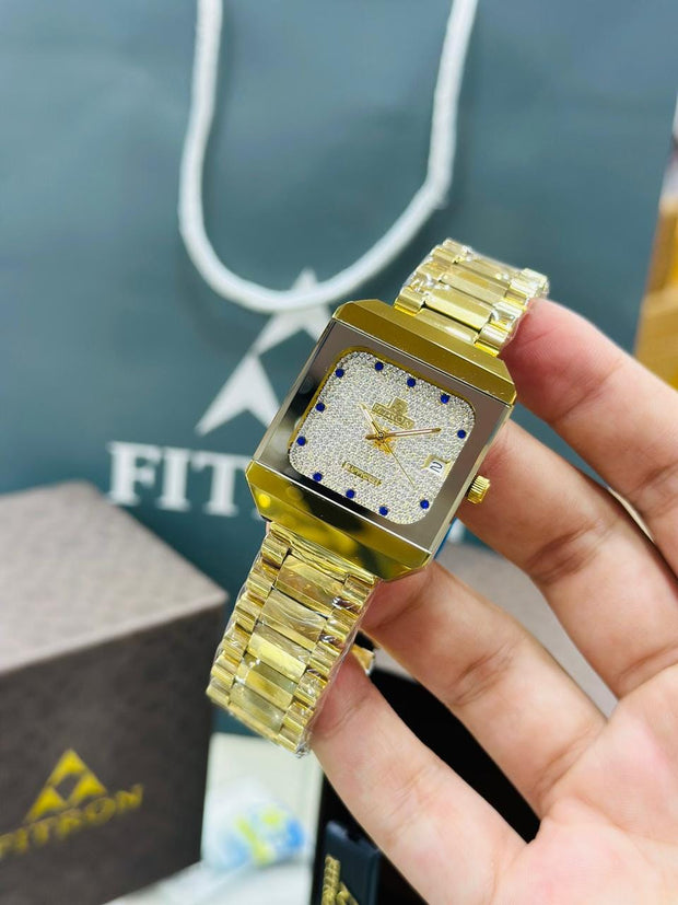 Luxury Gold-Tone Rectangular Men's Watch by Fitron – Diamond-Textured Dial with Date Display