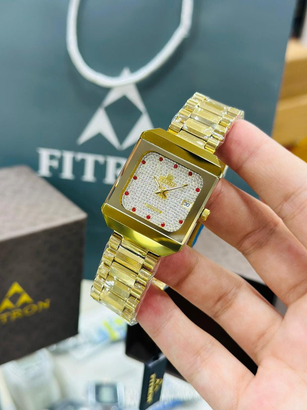 Luxury Gold-Tone Rectangular Men's Watch by Fitron – Diamond-Textured Dial with Date Display