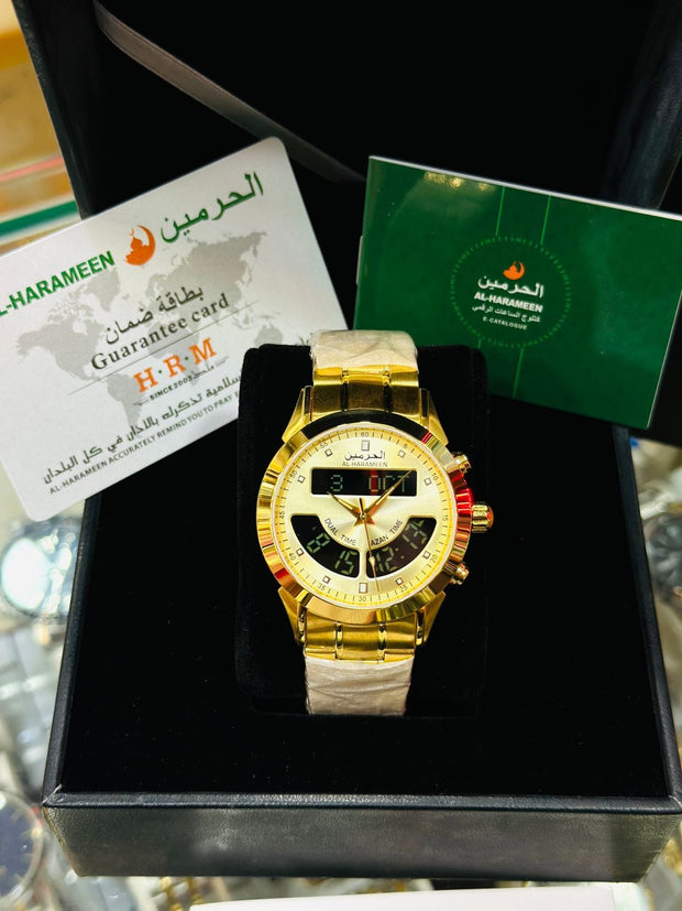 Al-Harameen Azan Time Wrist Watch – Dual Time, Gold Finish
