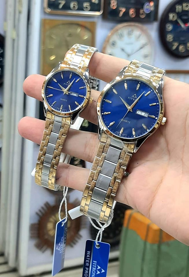 FITRON Couple Watch Set – Blue Dial with Gold & Silver Stainless Steel Band (Quartz, Water Resistant)