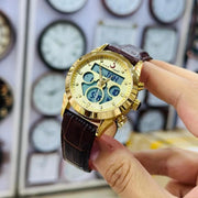Luxury Gold-Tone Analog-Digital Men's Watch with Leather Strap – Islamic Al-Fajr Azan Time Display