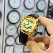 Luxury Gold-Tone Analog-Digital Men's Watch with Leather Strap – Islamic Al-Fajr Azan Time Display