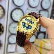 Luxury Gold-Tone Analog-Digital Men's Watch with Leather Strap – Islamic Al-Fajr Azan Time Display