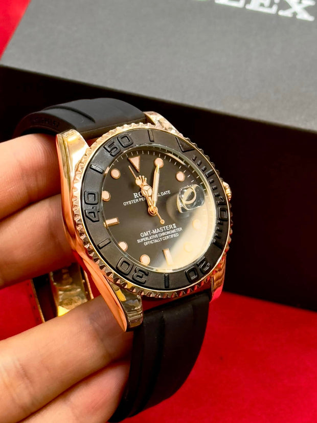 Luxury Black and Gold Wrist Watch | Elegant Men's Analog Watch | Rubber Strap Chronograph Style | Fashion Timepiece Gift for Him