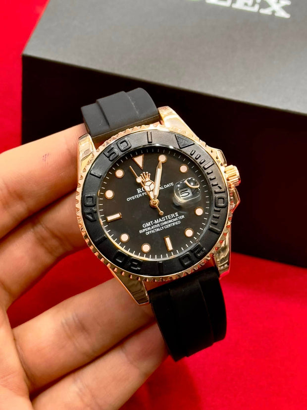 Luxury Black and Gold Wrist Watch | Elegant Men's Analog Watch | Rubber Strap Chronograph Style | Fashion Timepiece Gift for Him