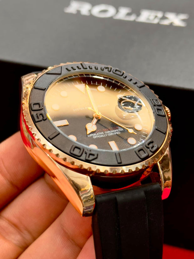 Luxury Black and Gold Wrist Watch | Elegant Men's Analog Watch | Rubber Strap Chronograph Style | Fashion Timepiece Gift for Him