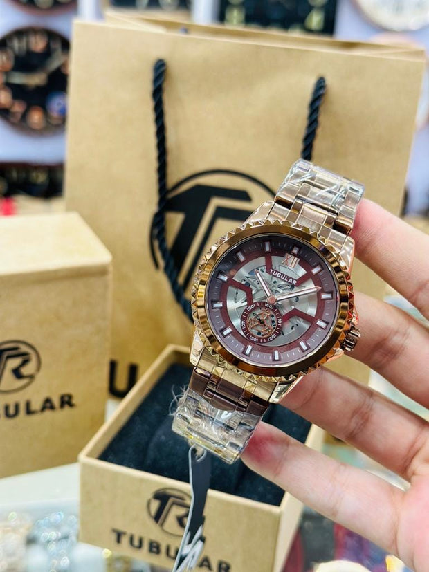 Luxury Gold-Tone Round Men's Watch by Fitron – Diamond-Textured Dial with Date Display