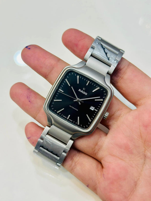 Rado Stainless Steel Square Automatic Watch – Modern Black Dial, Swiss Made