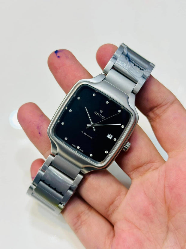 Rado Stainless Steel Square Automatic Watch – Modern Black Dial, Swiss Made