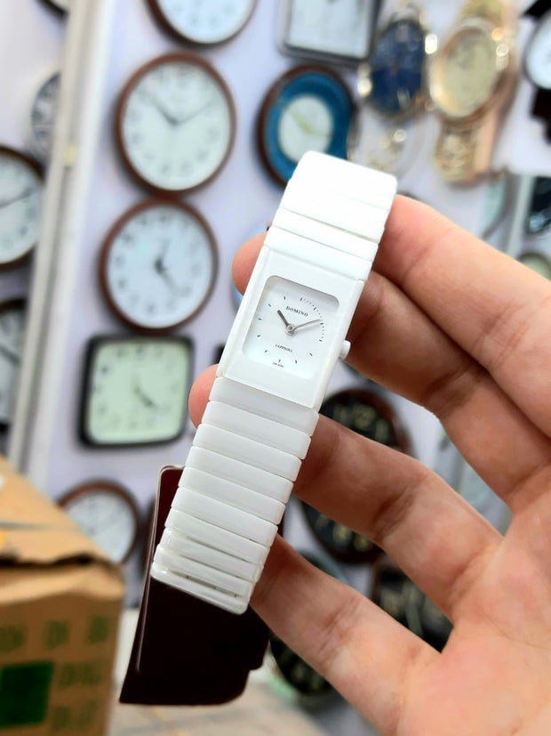 Domino White Ceramic Watch – Rectangular Dial with Sapphire Glass